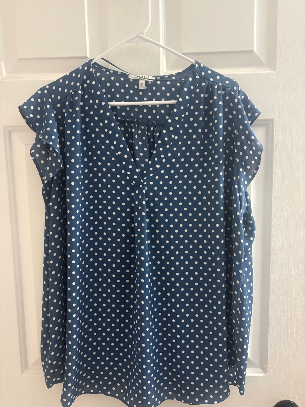 Chaus Navy and White Polka Dot Flutter Sleeve Top